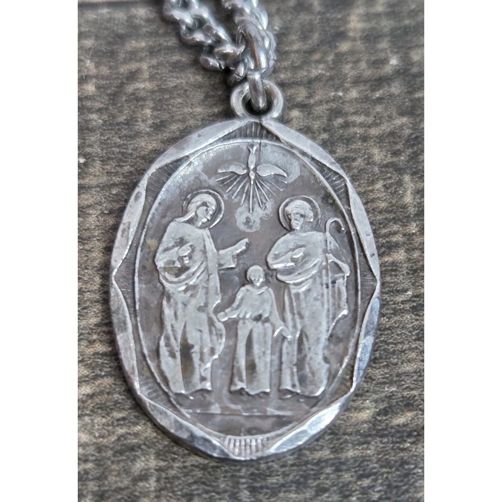 Vintage Creed Sterling Silver Holy Family Religious Medal Necklace 1968 USA